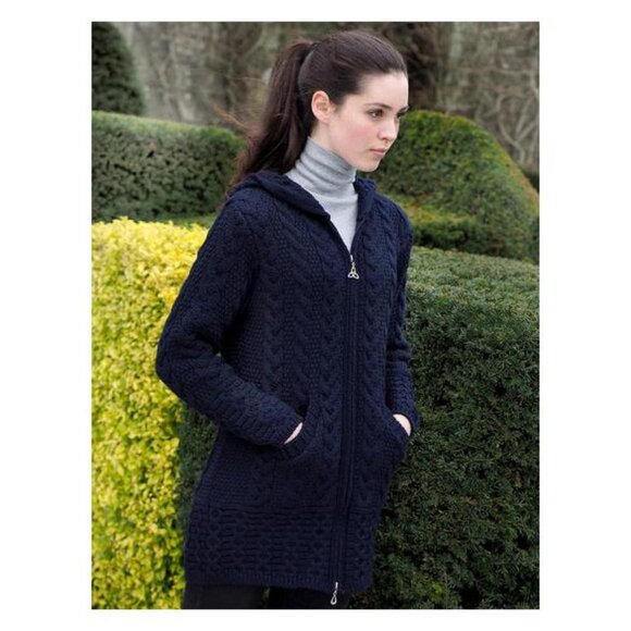 Aran Crafts 100% Merino Wool Hooded Coatigan Cardigan Sweater Coat Cable Knit - Picture 9 of 9